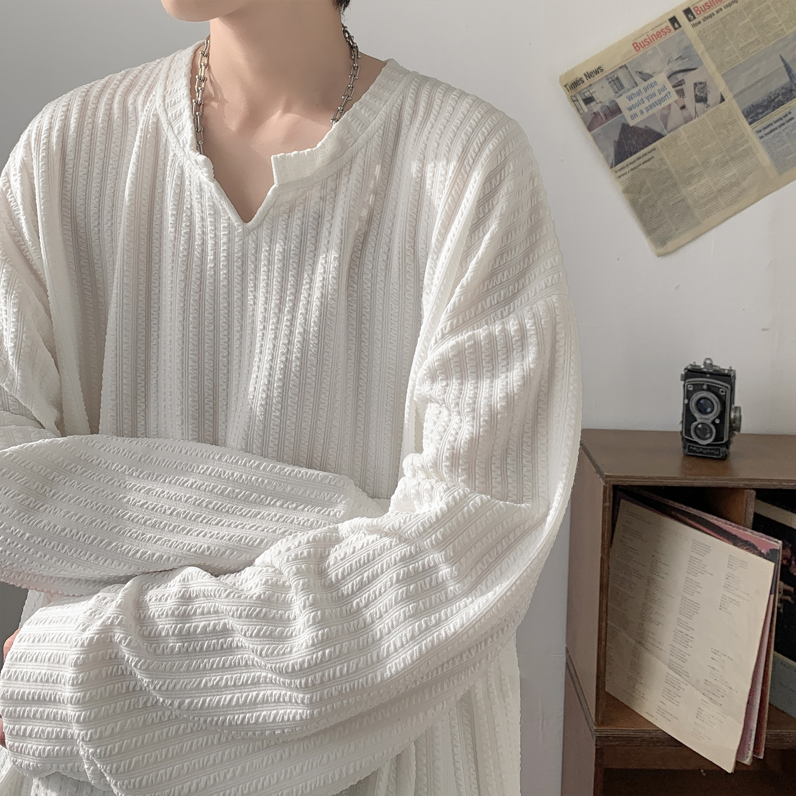 Loose Long Sleeve V-Neck T-Shi - Streetwear High End Brand avis et prix