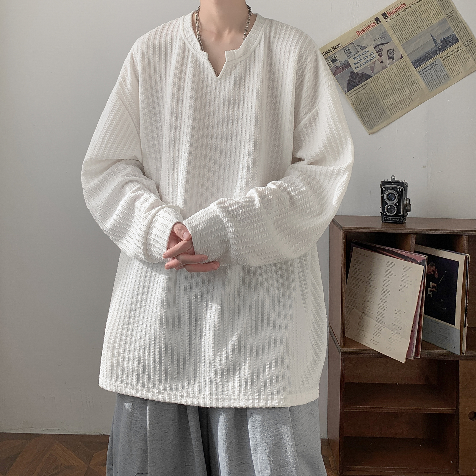 Loose Long Sleeve V-Neck T-Shi - Streetwear High End Brand avis et prix